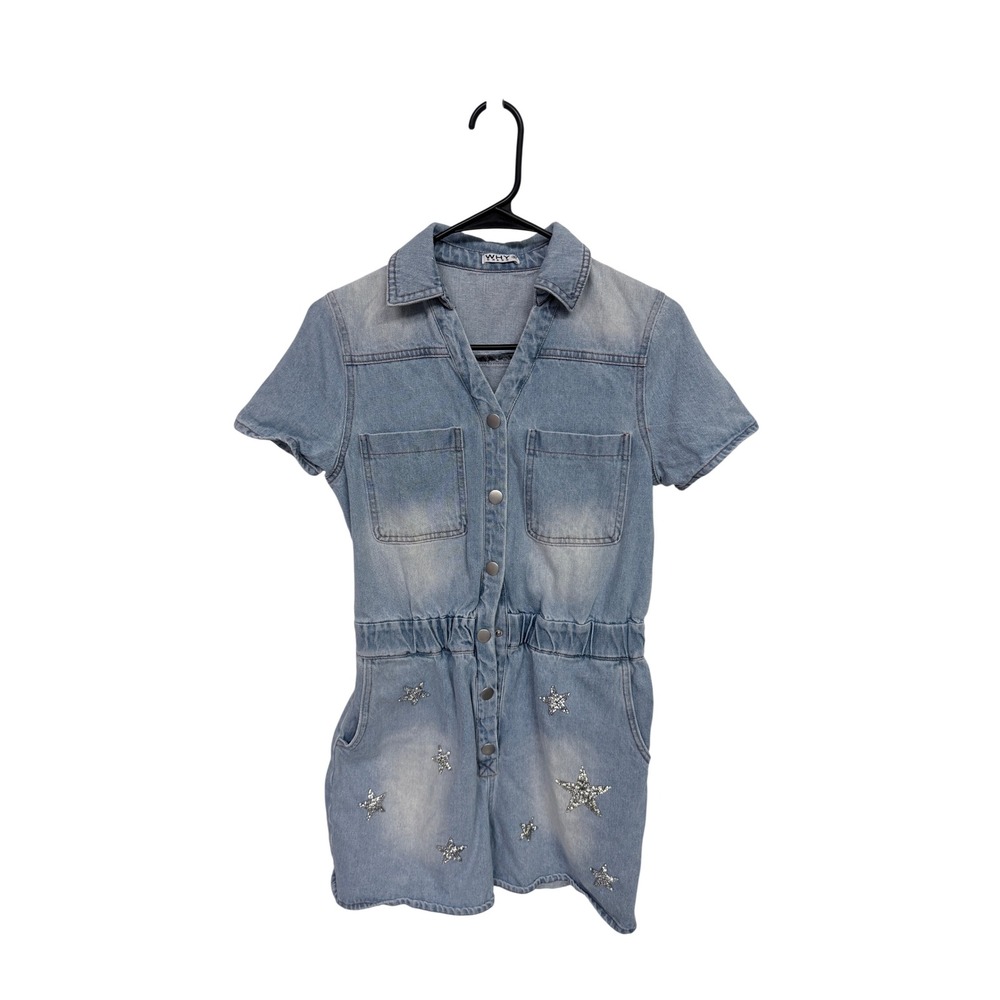 Why Dress Denim Star Rhinestone Romper Light Wash Short Sleeve Utility Medium